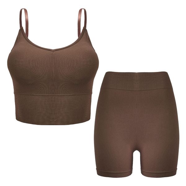 ست تاپ و شلوارک ورزشی زنانه مدل کاپ متحرک رنگ قهوهای