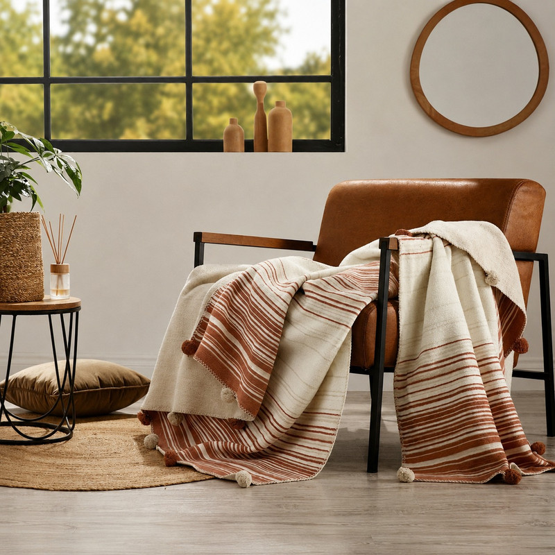 پتو مسافرتی 2 نفره ازدیلک مدل Stripe Ponponlu C.F سایز 180x220 سانتی‌متر