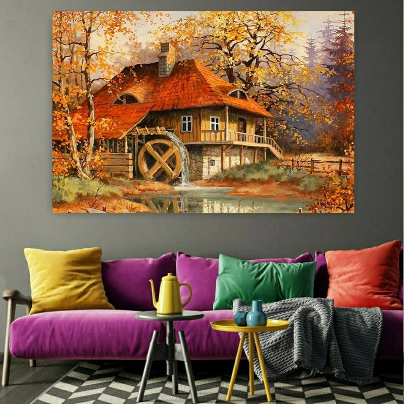 پوستر پارچه ای طرح چرم مخمل مدل کلبه پاییزی کد BK1190