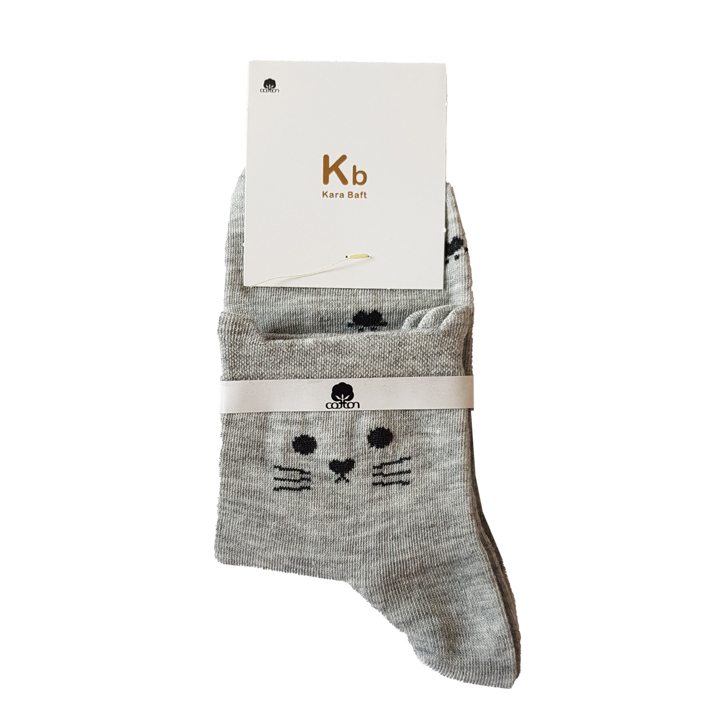 جوراب دخترانه کارا بافت مدل گربه کد san912 رنگ خاکستری