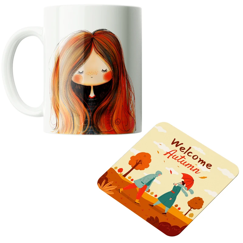 ماگ پاد آفرین مدل فصل پاییز برگ پاییزی خزان کد PZ200 به همراه زیرلیوانی