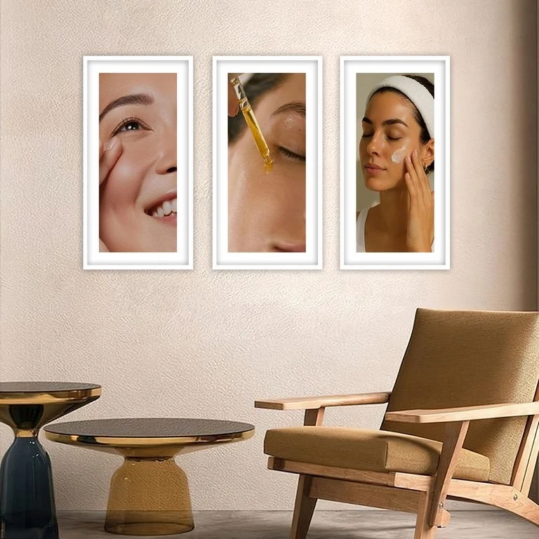 تابلو بکلیت طرح پاکسازی و زیبایی پوست مدل W-5141 فریم سفید مجموعه 3 عددی
