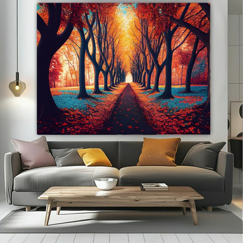 تابلو بوم طرح مخمل راهروی پائیزی مدل جنگل برگ ریزان کد FP106336