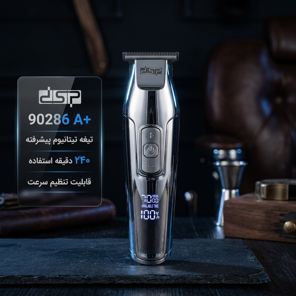 ماشین اصلاح موی سر و صورت دی اس پی مدل 90286 +A با تیغه تیتانیوم پیشرفته، قابلیت تنظیم سرعت، سه شانه 1 تا 3 میلی‌متری، منبع انرژی برق و باتری، وزن 200 گرم، شارژ 180 دقیقه و استفاده 240 دقیقه