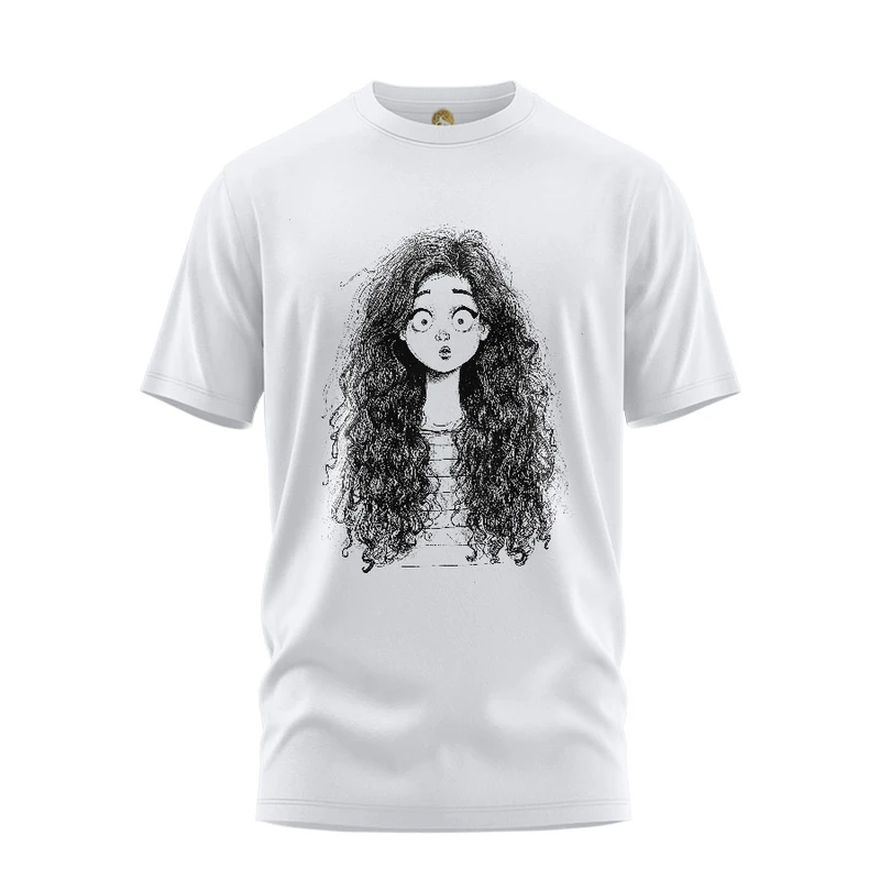 تی شرت آستین کوتاه زنانه هومرو مدل TW107 طرح دختری با موهای فرفری