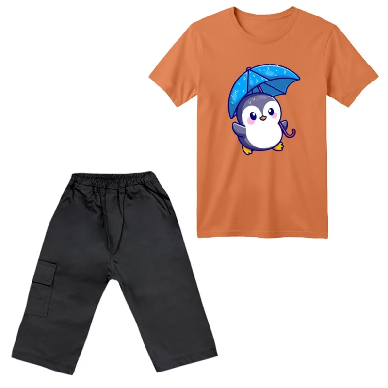 ست تی‌شرت آستین کوتاه و شلوارک پسرانه مدل پنگوئن کد ۵