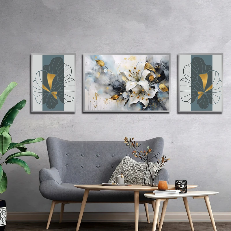تابلو بکلیت طرح نقاشی رنگ روغن گل مدل شاین اکلیلی SI-3157 مجموعه 3 عددی 