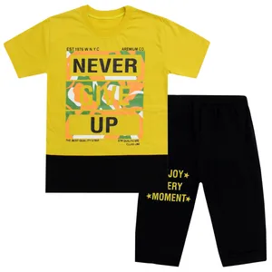 ست تی شرت و شلوارک پسرانه مدل Never Give Up رنگ زرد