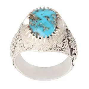 انگشتر نقره مردانه بازرگانی میلادی مدل سنگ فیروزه طبیعی نیشابور رکاب دست ساز سیاه قلم کد AM_2045