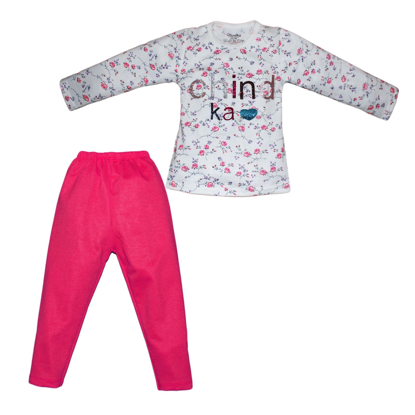 ست تی شرت و شلوار دخترانه چیندکا مدل حروف برجسته کد 112 - - 2
