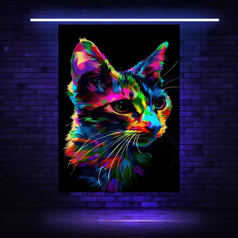 پوستر پارچه ای مدل بک دراپ بلک لایت طرح گربه رنگارنگ کد AR304551