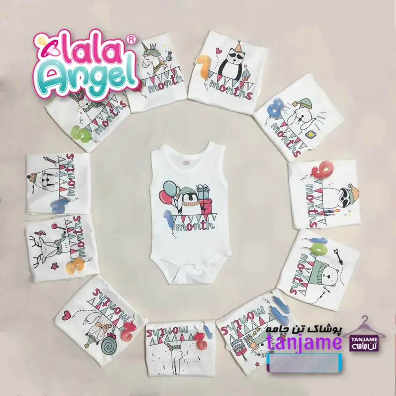 بادی نوزادی لالاآنجل مدل ماهگرد نوزاد تم حیوانات تولد مجموعه 12 عددی