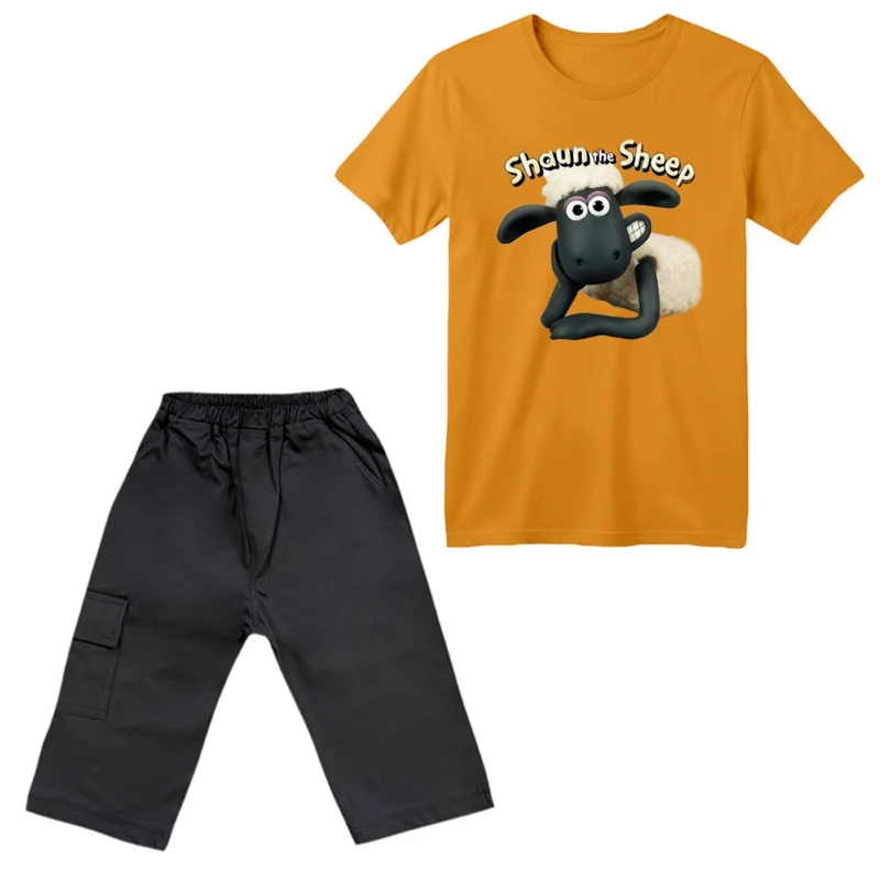 ست تی‌شرت آستین کوتاه و شلوارک پسرانه مدل گوسفند ناقلا رنگ پرتقالی