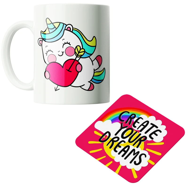 ماگ پاد آفرین مدل یونیکورن تک شاخ کارتونی کیوت فانتزی بامزه  کد PZ239 به همراه زیرلیوانی