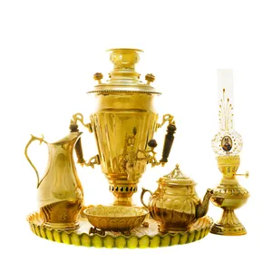 سرویس سماور ذغالی 6 پارچه برنجی مدل سوزنی ترک دار کد 4306