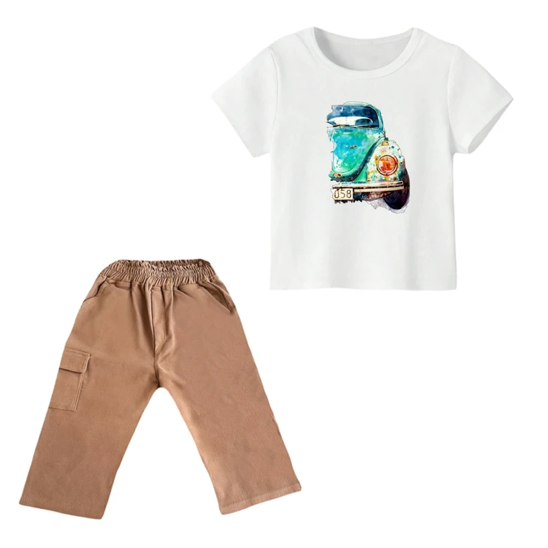 ست تی شرت و شلوارک پسرانه مدل ماشین کد ۸ رنگ سفید