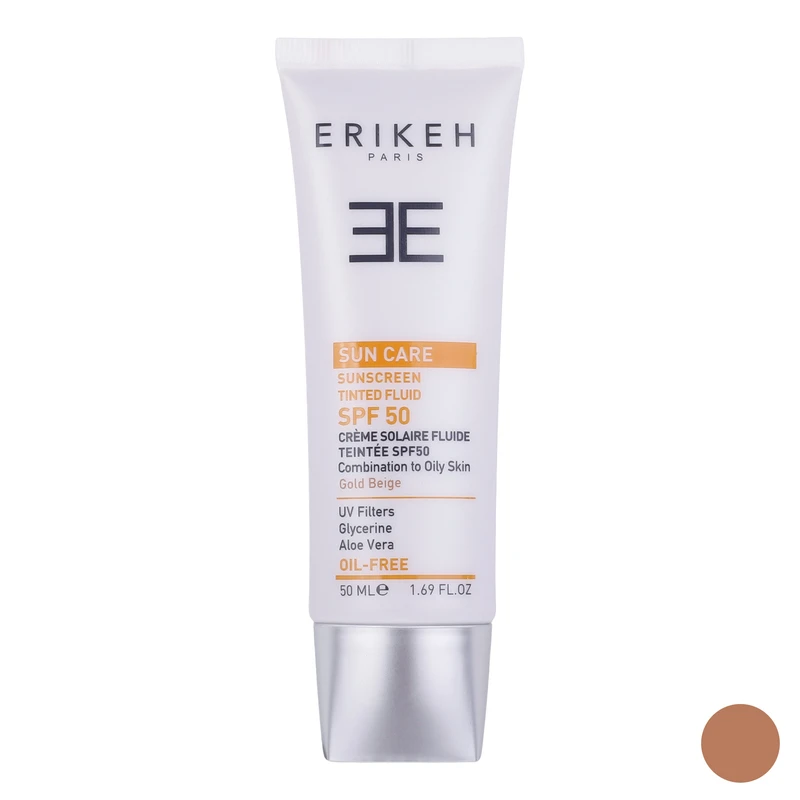 فلوئید ضد آفتاب رنگی اریکه، SPF50، مدل CO_GB، ‌مناسب پوست‌های چرب و مختلط با تنالیته متوسط و حجم 50 میلی‌لیتر، محافظت‌کننده در برابر اشعه‌های UVA و UVB، دارای فرمولاسیون فاقد چربی و گلیسیرین، با ماندگاری 2 ساعته
