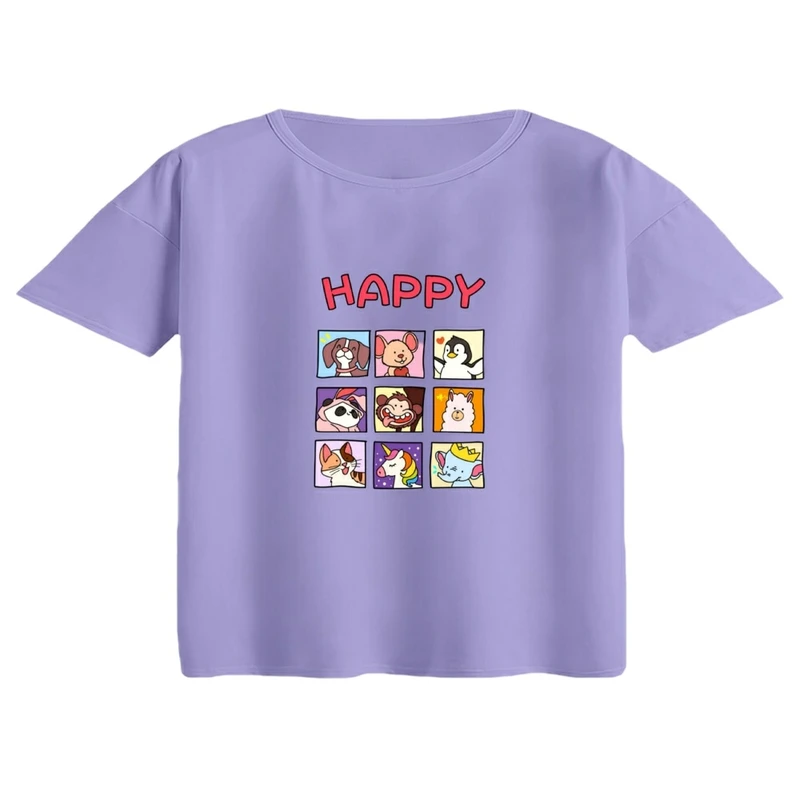 کراپ تی‌شرت آستین کوتاه زنانه مدل حیوانات شاد