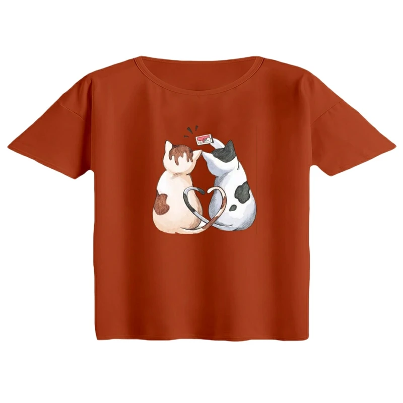 کراپ تی‌شرت آستین کوتاه زنانه مدل گربه های عاشق