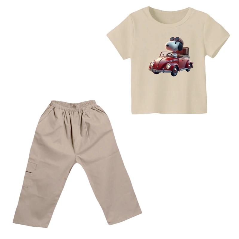 ست تی شرت و شلوارک پسرانه مدل اسنوپی کد ۹۱ رنگ کرم