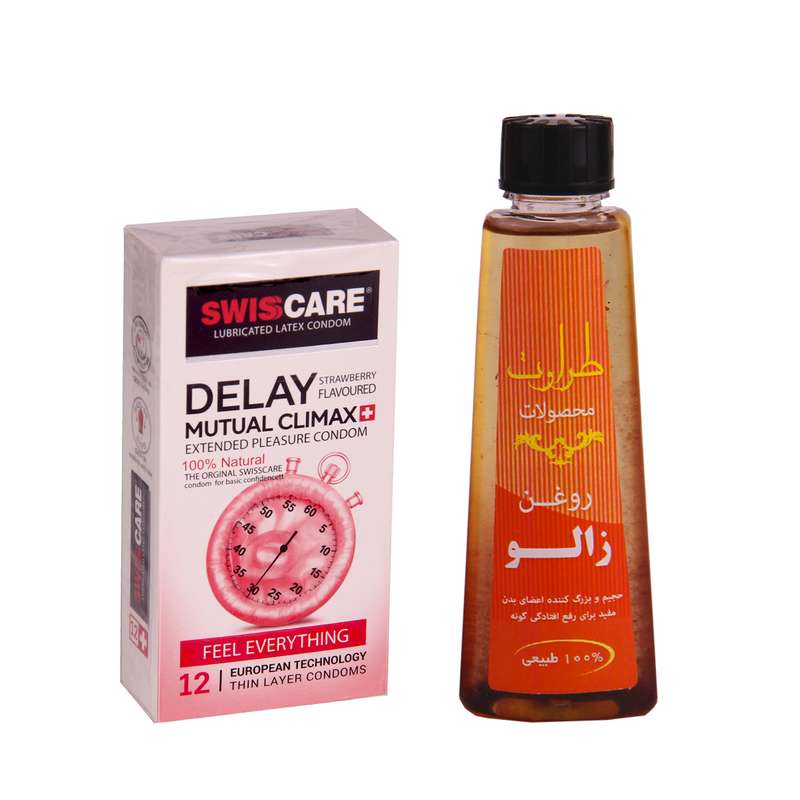 کاندوم سوئیس کر مدل delay بسته 12 عددی به همراه روغن زالو طراوت مدل 09 حجم 50 میلی لیتر کاندوم سوئیس کر مدل delay بسته 12 عددی به همراه روغن زالو طراوت مدل 09 حجم 50 میلی لیتر