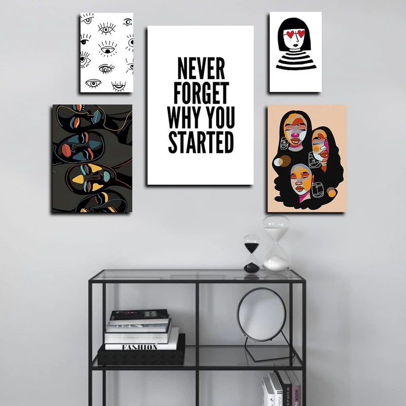 تابلو شاسی بکلیت طرح نقاشی مدرن چهره و جمله انگیزشی مدل SH-1668 مجموعه 5 عددی