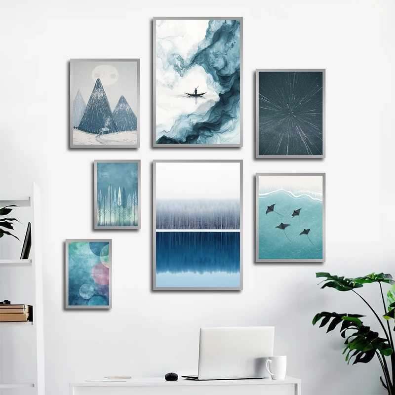 تابلو بکلیت طرح دکوراتیو نقاشی دریا و کوه و درخت مدل SI-3459 فریم نقره ای مجموعه 7 عددی