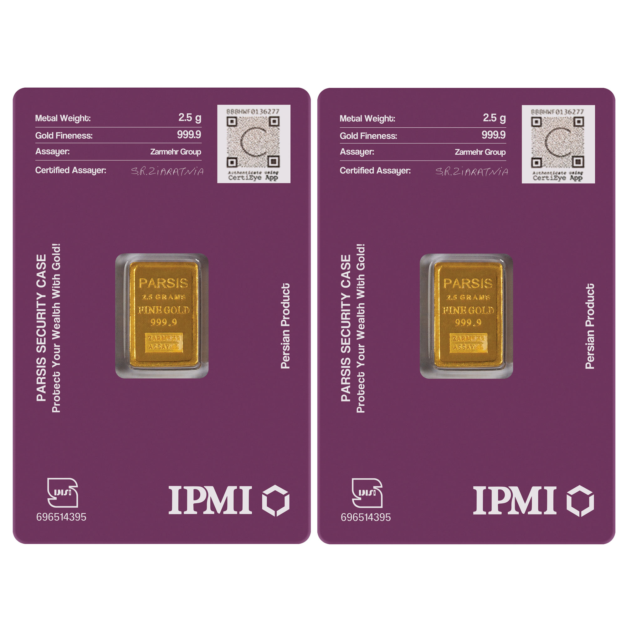 شمش طلا 24 عیار پارسیس مدل Zarmehr 2.5 بسته 2 عددی