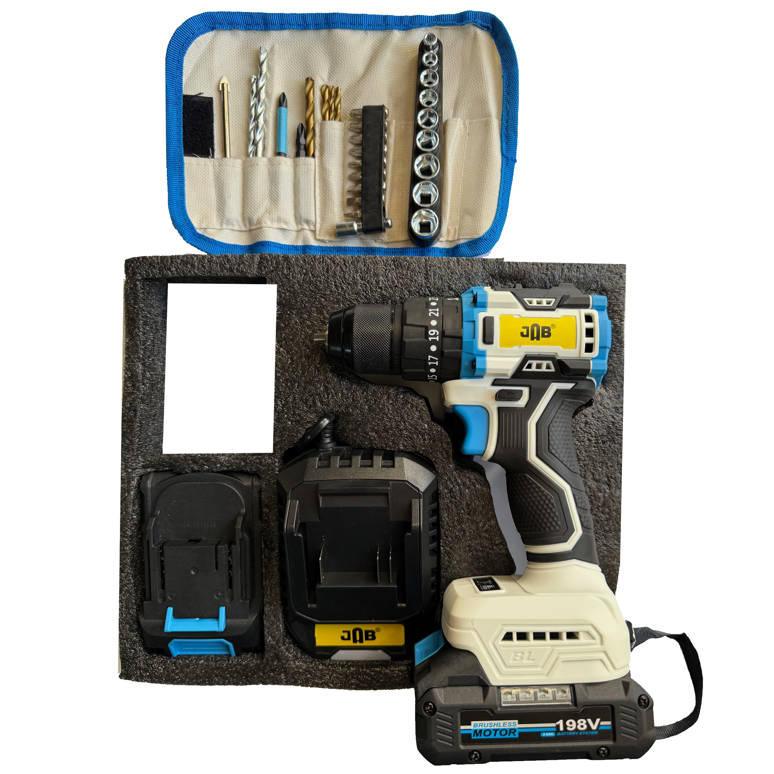 مجموعه 40 عددی دریل پیچ گوشتی شارژی چکشی 10 میلیمتری 198 ولت جاب مدل JB-198 POWER X