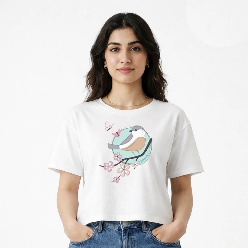 کراپ تی شرت آستین کوتاه زنانه طرح پرنده و گل