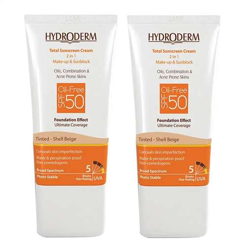 کرم ضد آفتاب رنگی هیدرودرم SPF 50 مدل shell مناسب پوست‌های چرب و مختلط حجم 50 میلی لیتر مجموعه 2 عددی