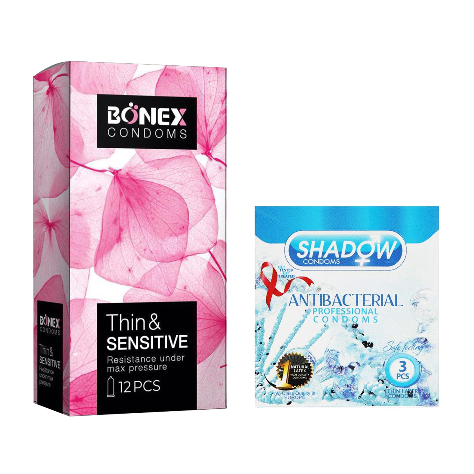 کاندوم بونکس مدل Thin & Sensitive بسته 12 عددی به همراه کاندوم شادو مدل Anti Bacterial بسته 3 عددی 