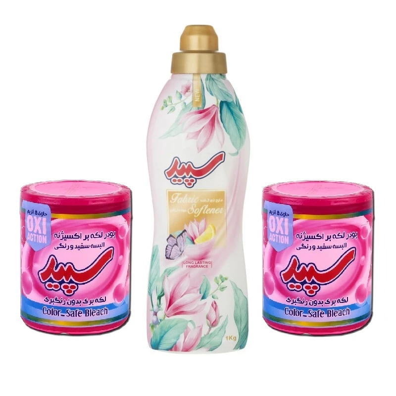 نرم کننده حوله و لباس سپید مدل گل وزن 1 کیلوگرم به همراه پودر لکه بر سپید مدل 5 آنزیم وزن 500 گرم مجموعه 2 عددی