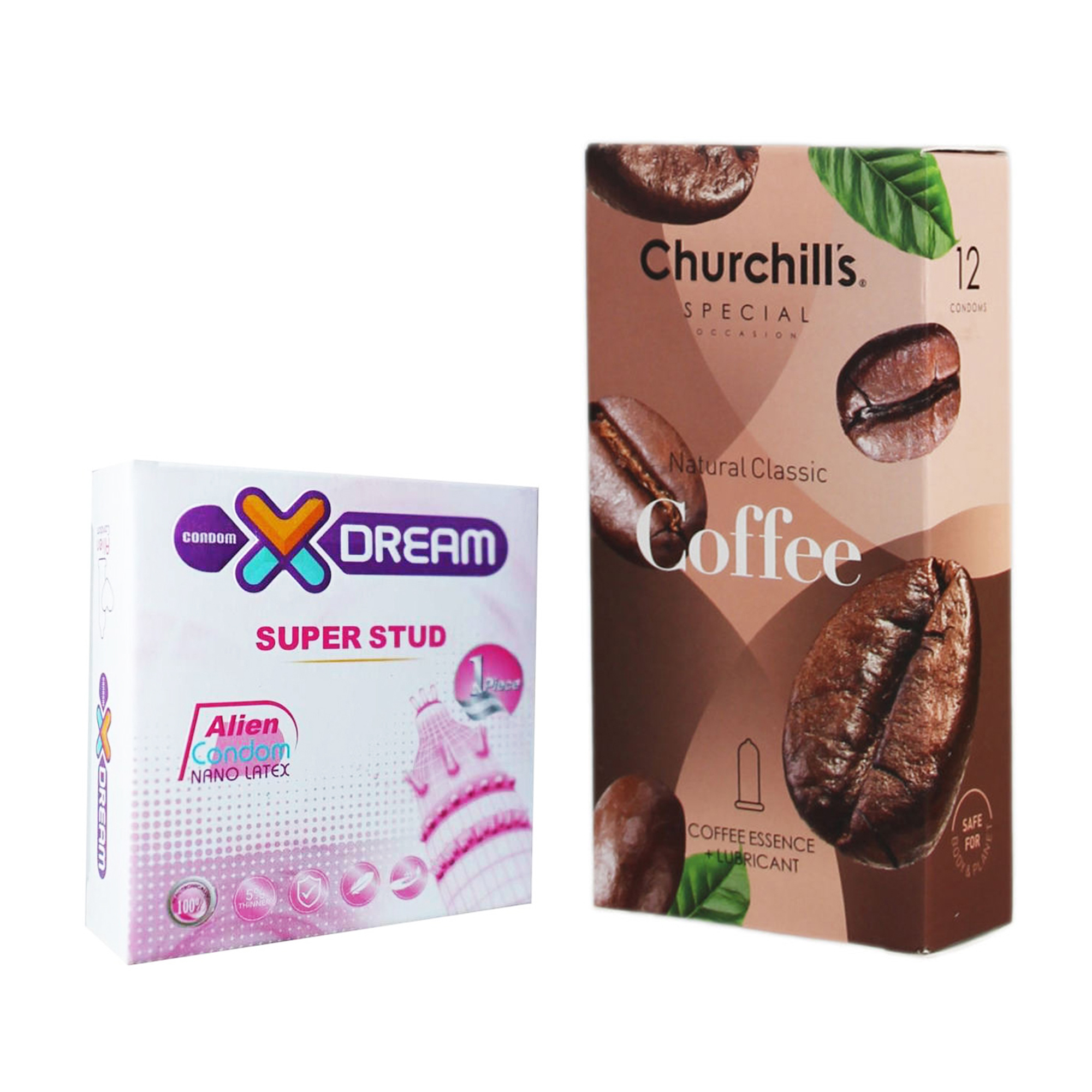 کاندوم چرچیلز مدل Coffee بسته 12 عددی به همراه کاندوم ایکس دریم مدل Super Stud