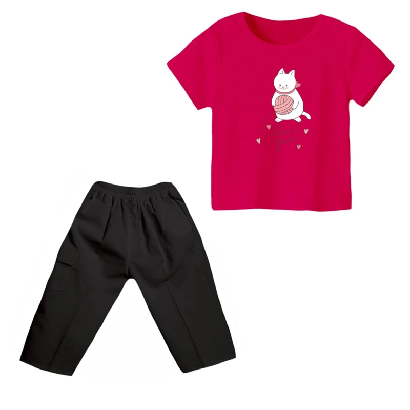 ست تی شرت و شلوارک دخترانه مدل گربه کد ۲۶ رنگ سرخابی