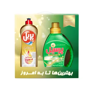 ژل ماشین لباسشویی پرسیل مدل Premium وزن 900 گرم به همراه مایع ظرفشویی پریل مدل Gold وزن 750 گرم