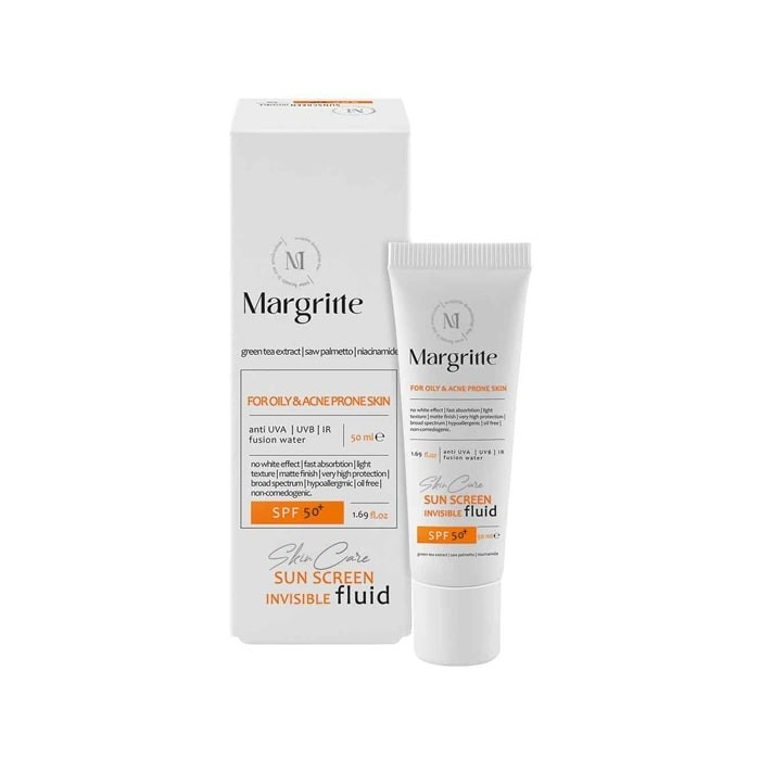 فلوئید ضد آفتاب بدون رنگ مارگریت spf50 مدل آی OAC محافظ UVA،UVB مناسب برای پوست های چرب و آکنه ای حجم 50 میلی لیتر