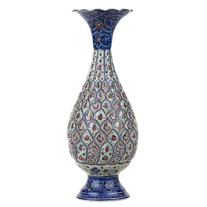 گلدان مسی میناکاری شده اثر اسماعیلی مدل صراحی طرح خانه بندی 1 ارتفاع 20 سانتی متر