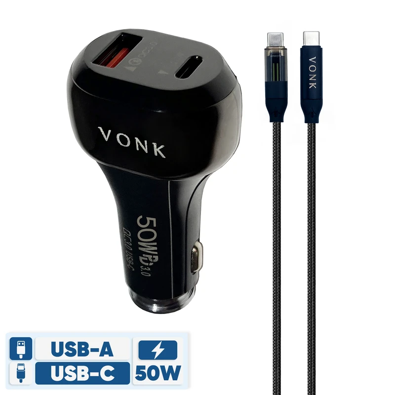 شارژر فندکی 50 وات دو پورت وونک مدل VC--50 به همراه کابل USB-C