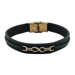 دستبند طلا 18 عیار مردانه با بند چرمی طلا و جواهر ویانا مدل بی نهایت