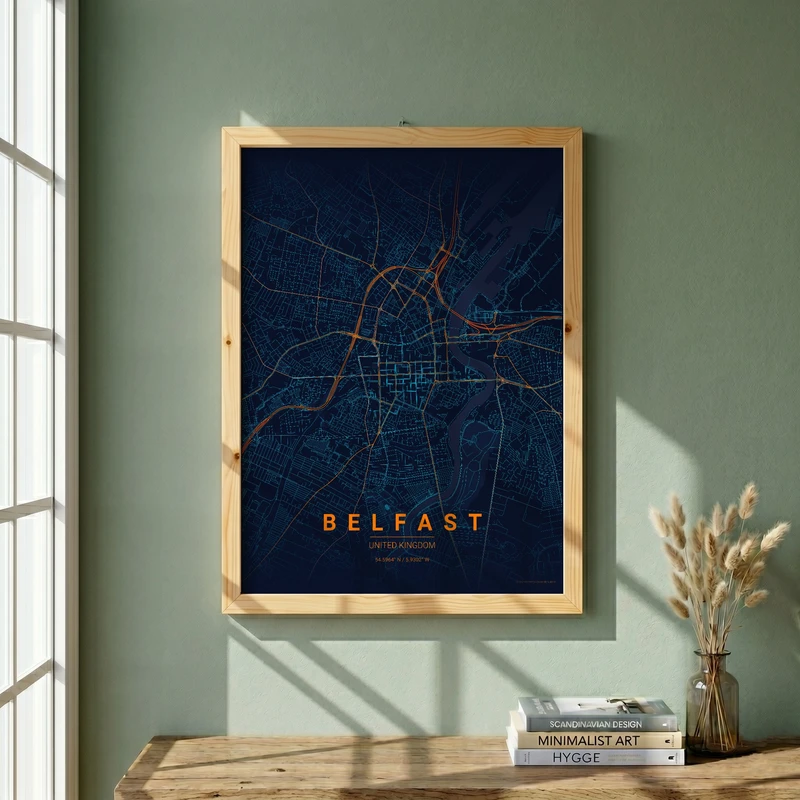 تابلو طرح نقشه شهر بلفاست مدل G16278 فریم کرم روشن