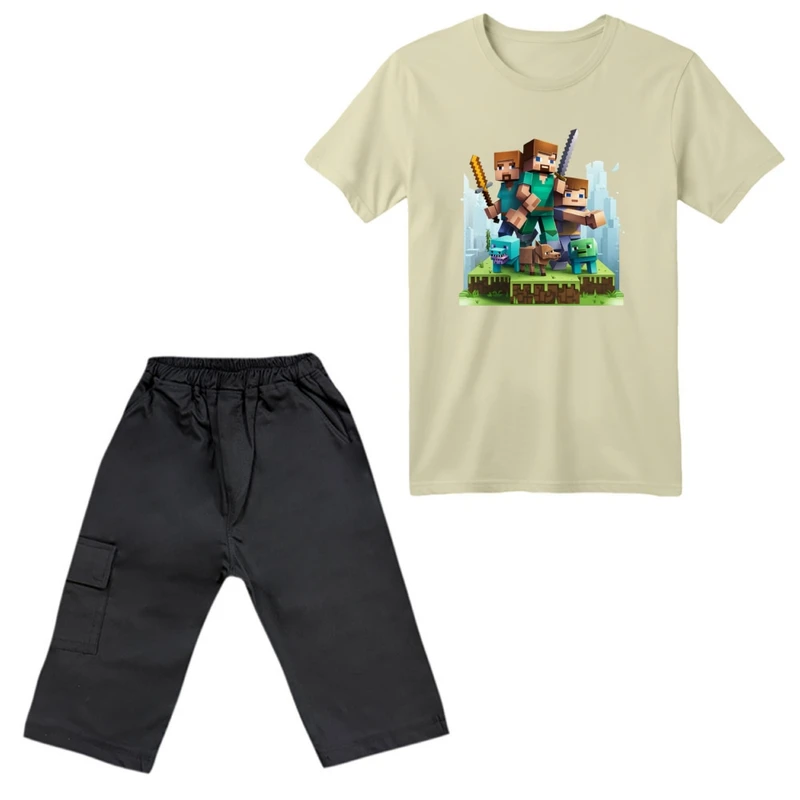 ست تی‌شرت آستین کوتاه و شلوارک پسرانه مدل ماینکرفت کد 002