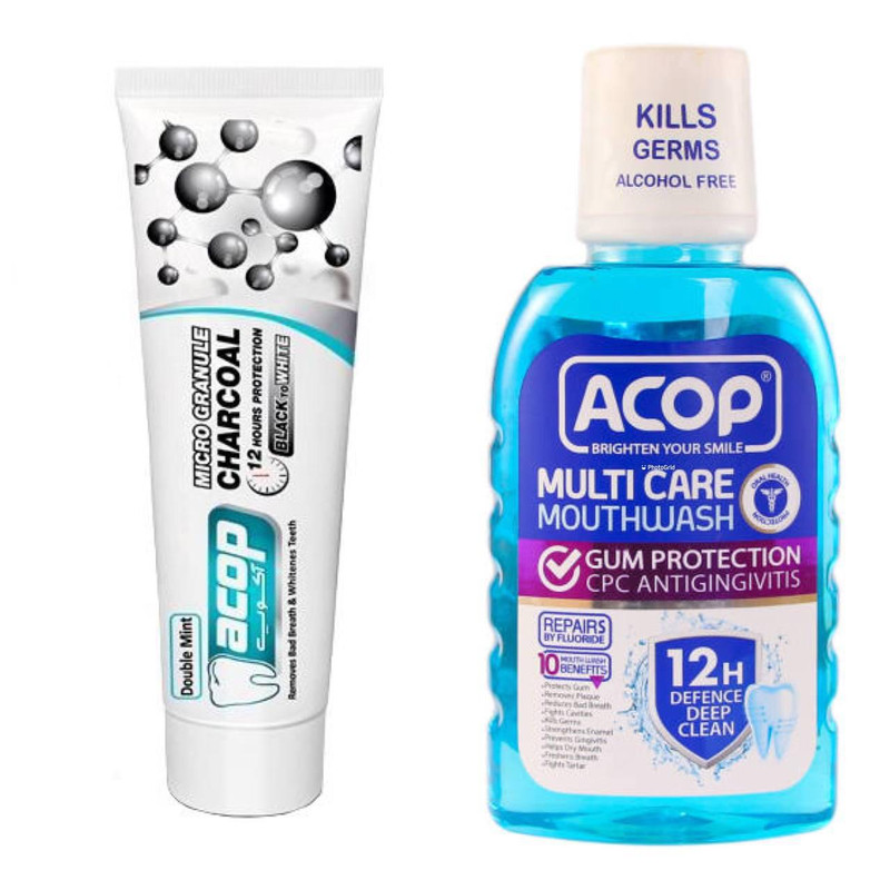 دهانشویه کامل آکوپ مدل Multi Care حجم 300 میلی لیتر به همراه خمیر دندان آکوپ مدل Double Mint وزن 90 گرم