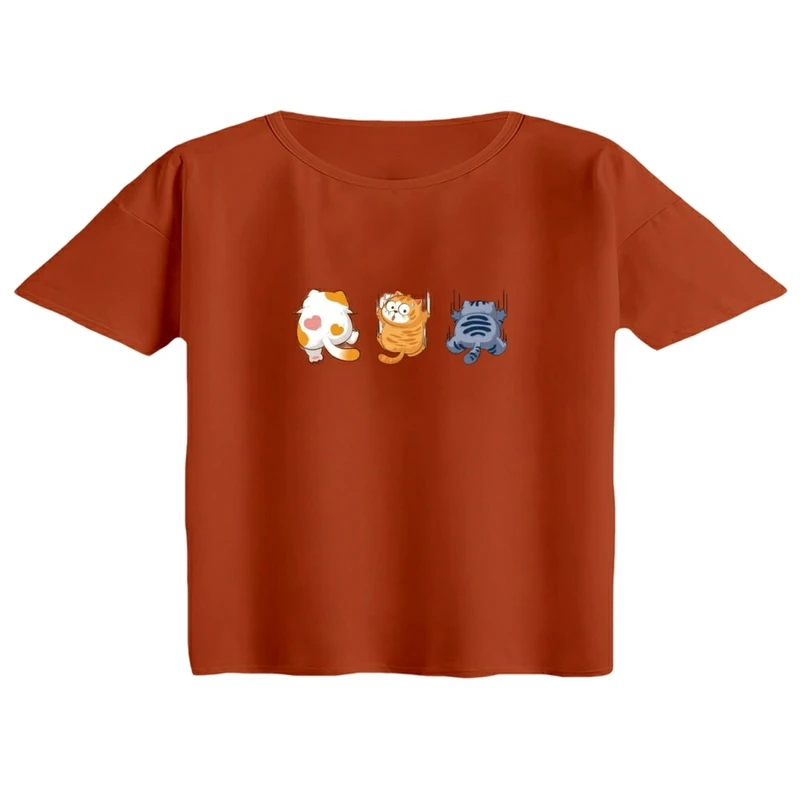 کراپ تی‌شرت آستین کوتاه زنانه مدل گربه های آویز