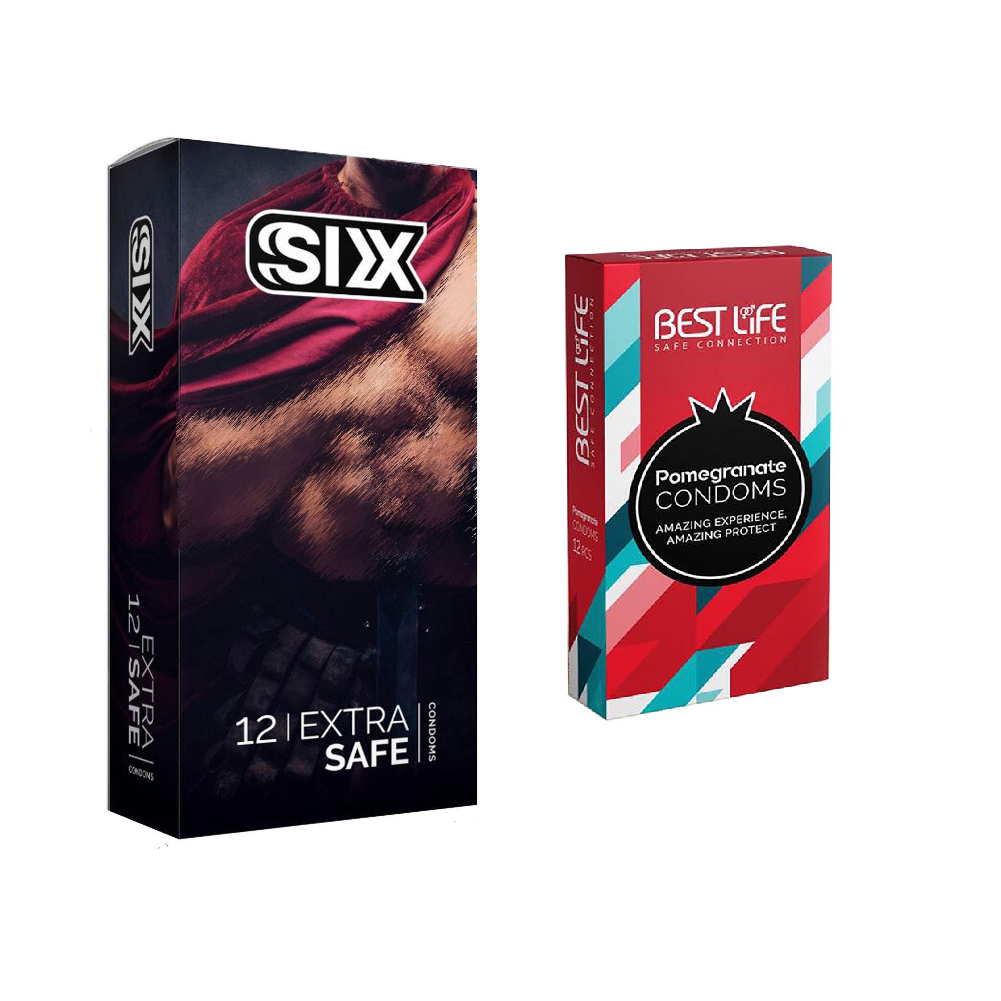 کاندوم سیکس مدل Max Safety بسته 12 عددی به همراه کاندوم بست لایف مدل Pomegranate  بسته 12 عددی