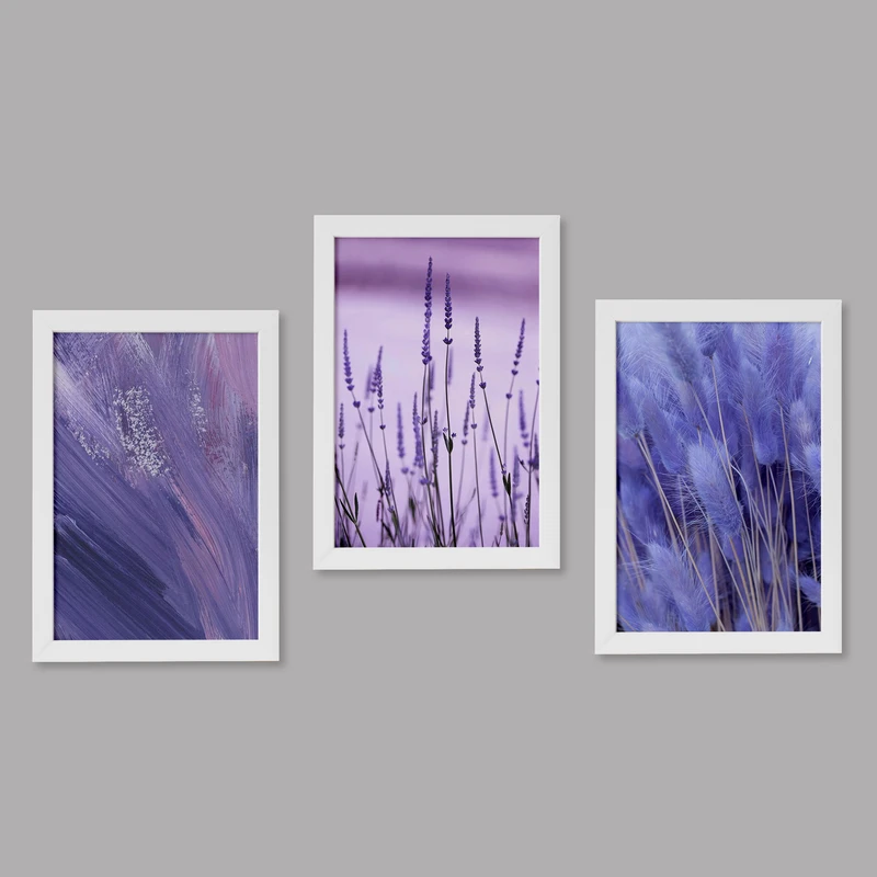 تابلو خندالو مدل دکوراتیو اسطوخودوس بنفش Lavender کد M73 مجموعه 3 عددی