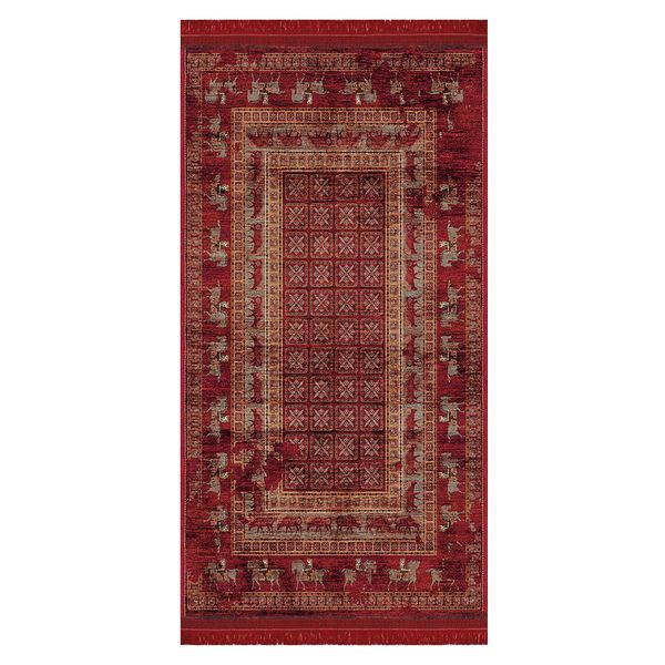 فرش ماشینی مدما مدل پازیریک طرح کلاسیک کناره کد 754 زمینه لاکی