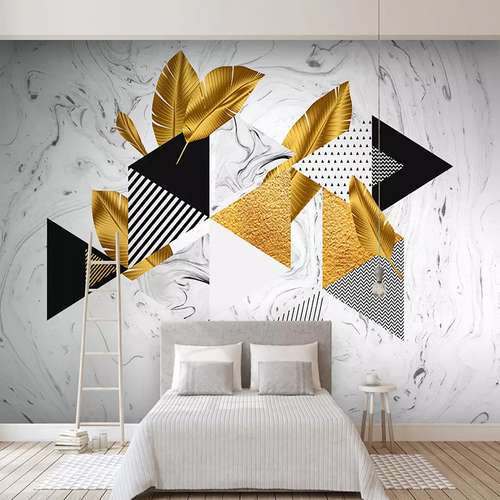 پوستر دیواری سه بعدی مدل برگ طلایی هندسی زمینه سنگ DVRF1457