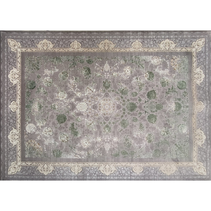 فرش ماشینی 1200 شانه زمینه سبز حاشیه خاکستری طرح سمن