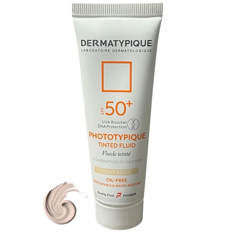 فلوئید ضد آفتاب رنگی درماتیپیک spf50 مدل Light2 محافظت دربرابر UVA،UVB مناسب برای پوست چرب  حجم 50 میلی لیتر